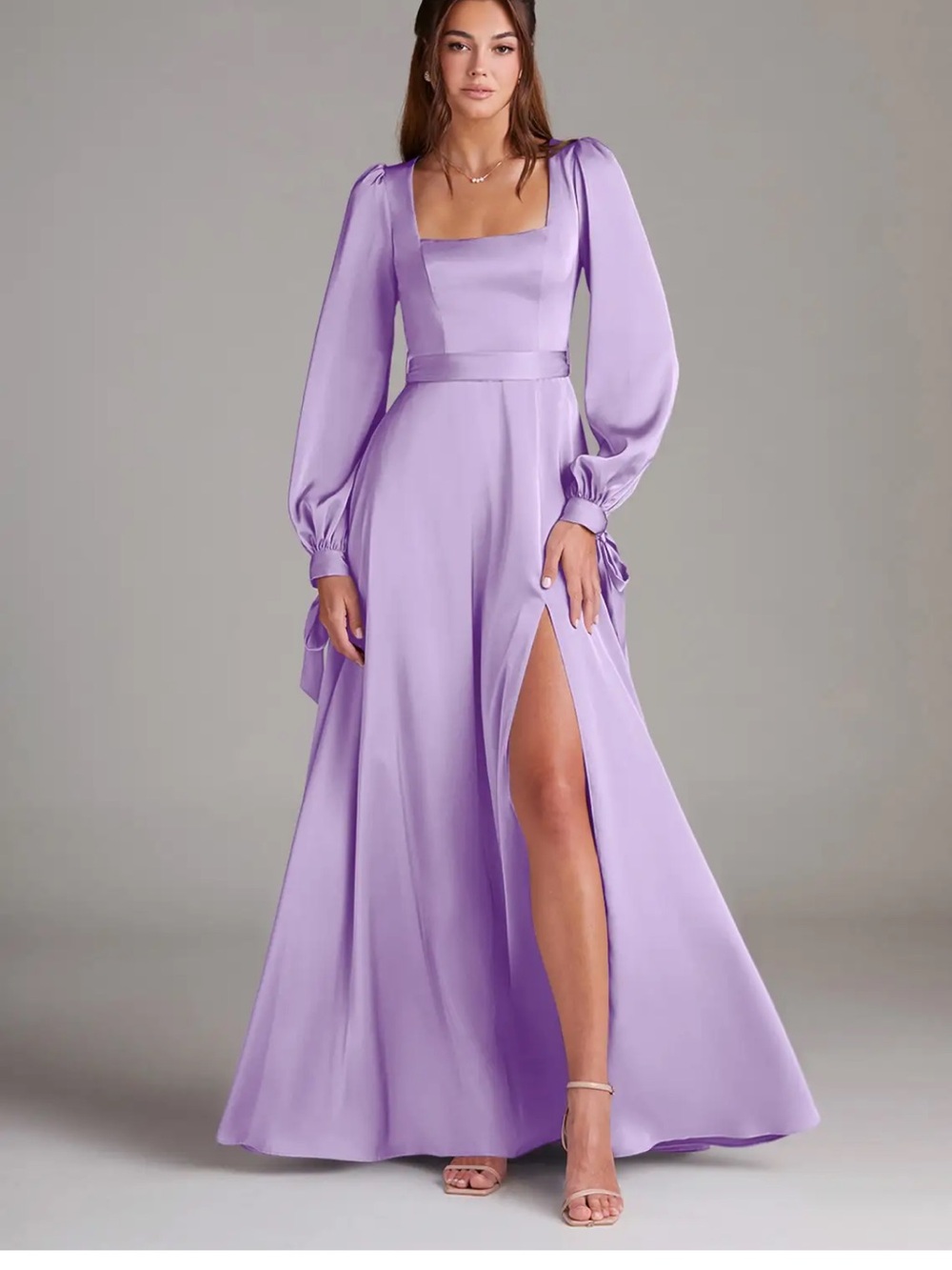 Azazie Lilac Square-Neck Maxi Gown with Bishop Sleeves